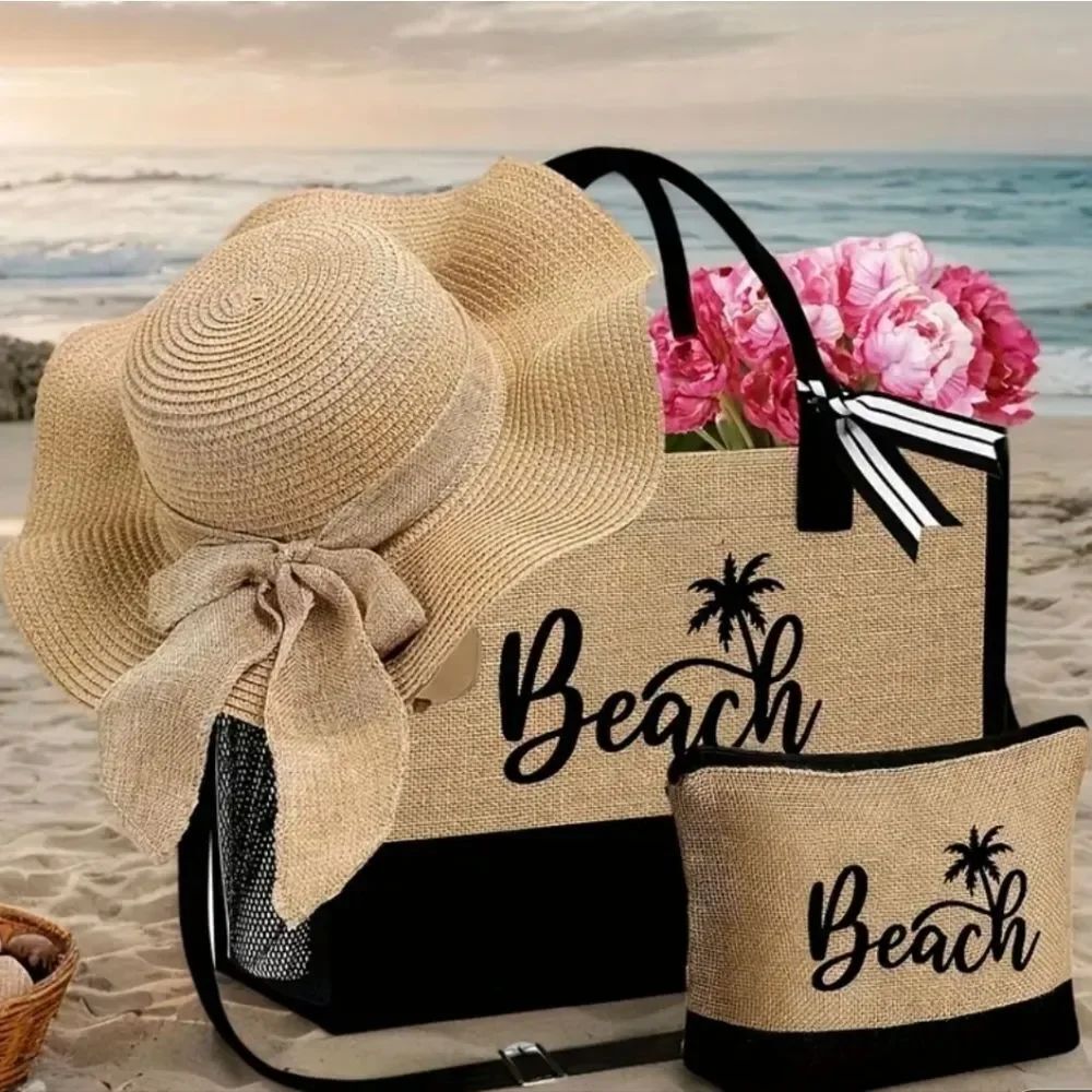 Large Capacity Canvas "Beach" Tote Bag With Matching Cosmetic Bag And Hat